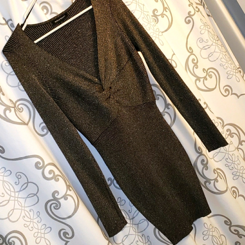 Black Metallic with gold Ribbed Knit Mini Bodycon Dress